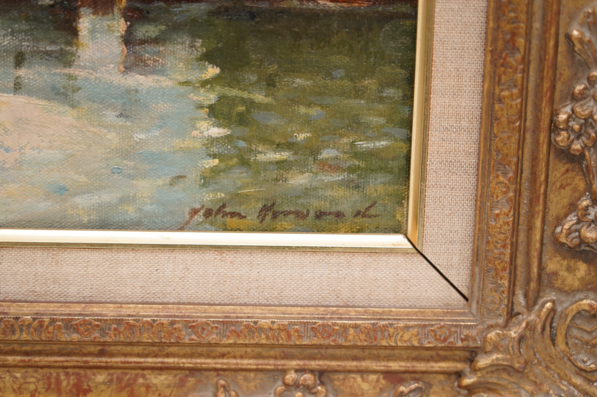 John Horwood (b.1934), Impressionist oil on canvas, River landscape with figures, signed, 24 x 28cm, ornate gilt framed. Condition - good